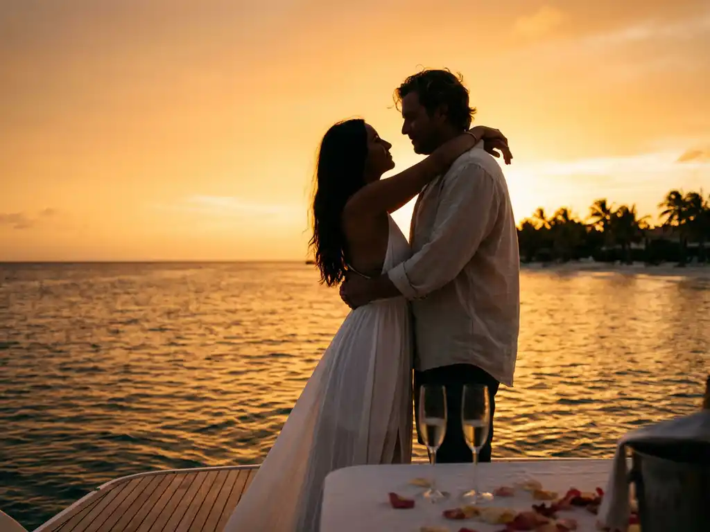 Romantic couple embracing on luxury cruise deck at sunset in Aruba with champagne and rose petals on table nearby