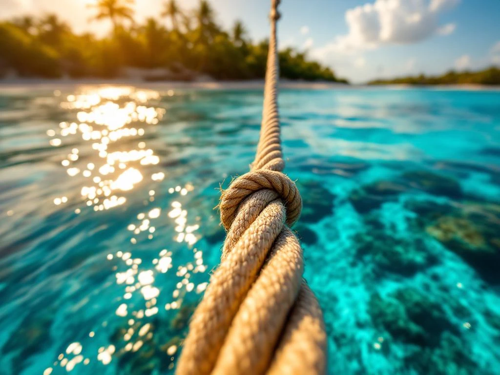 Rope swing over turquoise Caribbean waters with visible coral reefs and tropical Aruba coastline in background