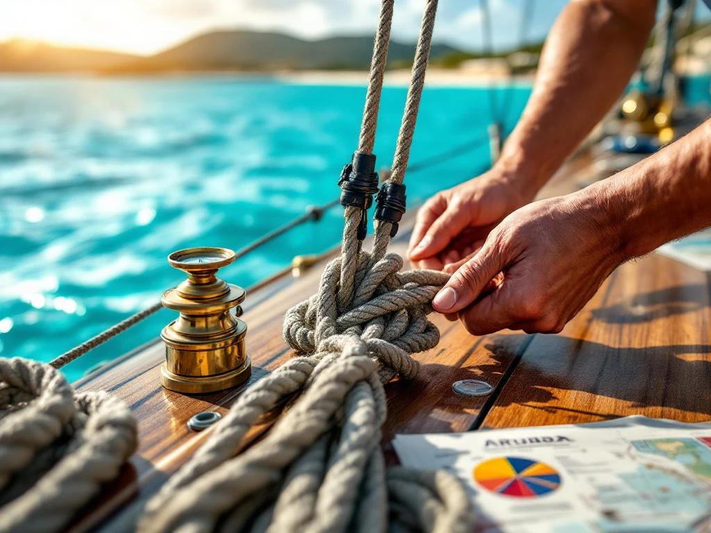 Experienced hands tying nautical knots on teak deck with sailing equipment and Aruba's turquoise Caribbean waters in background