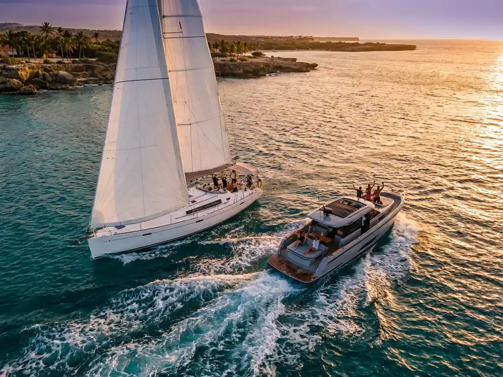 White sailing yacht and motor boat with passengers cruising turquoise Caribbean waters near Aruba coastline at golden hour