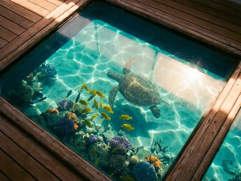 Sea turtle swimming through turquoise Caribbean waters with yellow tropical fish and coral reef visible from glass-bottom boat