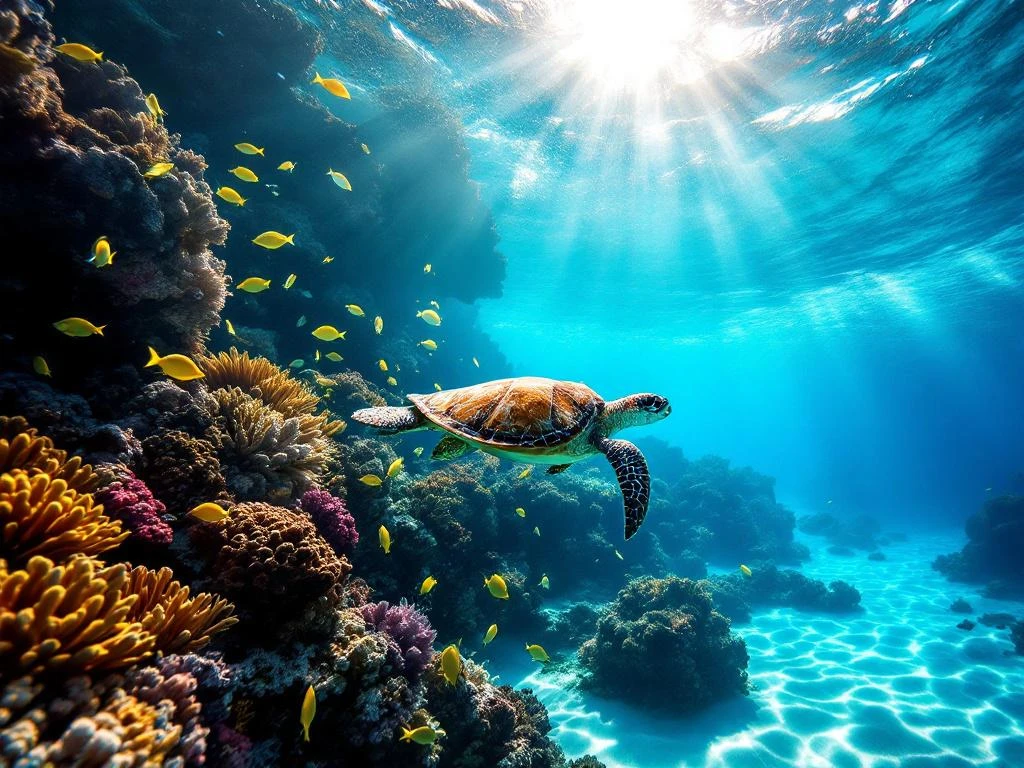 Sea turtle swimming over vibrant coral reef with tropical fish in crystal-clear Caribbean waters with sunbeams