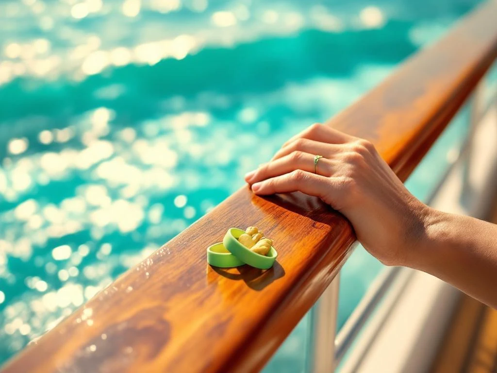 Hands on boat railing with ginger root and acupressure wristbands for seasickness relief, turquoise Caribbean waters behind
