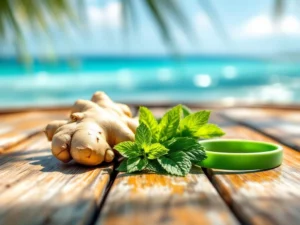 Natural seasickness remedies including ginger root, mint leaves, and acupressure wristbands on teak boat deck with Caribbean Sea