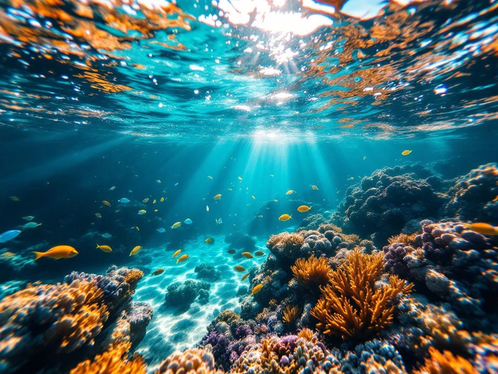 Shallow coral reef in Aruba's turquoise waters with tropical fish, sunlight rays, and vibrant orange and purple corals