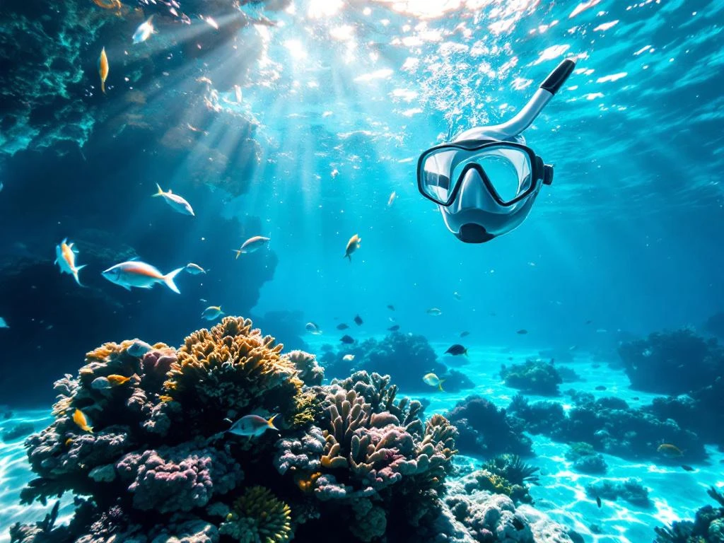 Professional snorkel gear floating in clear turquoise Caribbean waters above colorful Aruban coral reef with tropical fish