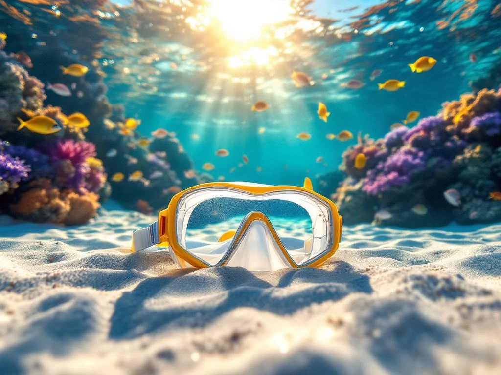 Child's snorkeling gear on white Caribbean sand with tropical fish and coral reef in crystal-clear turquoise water