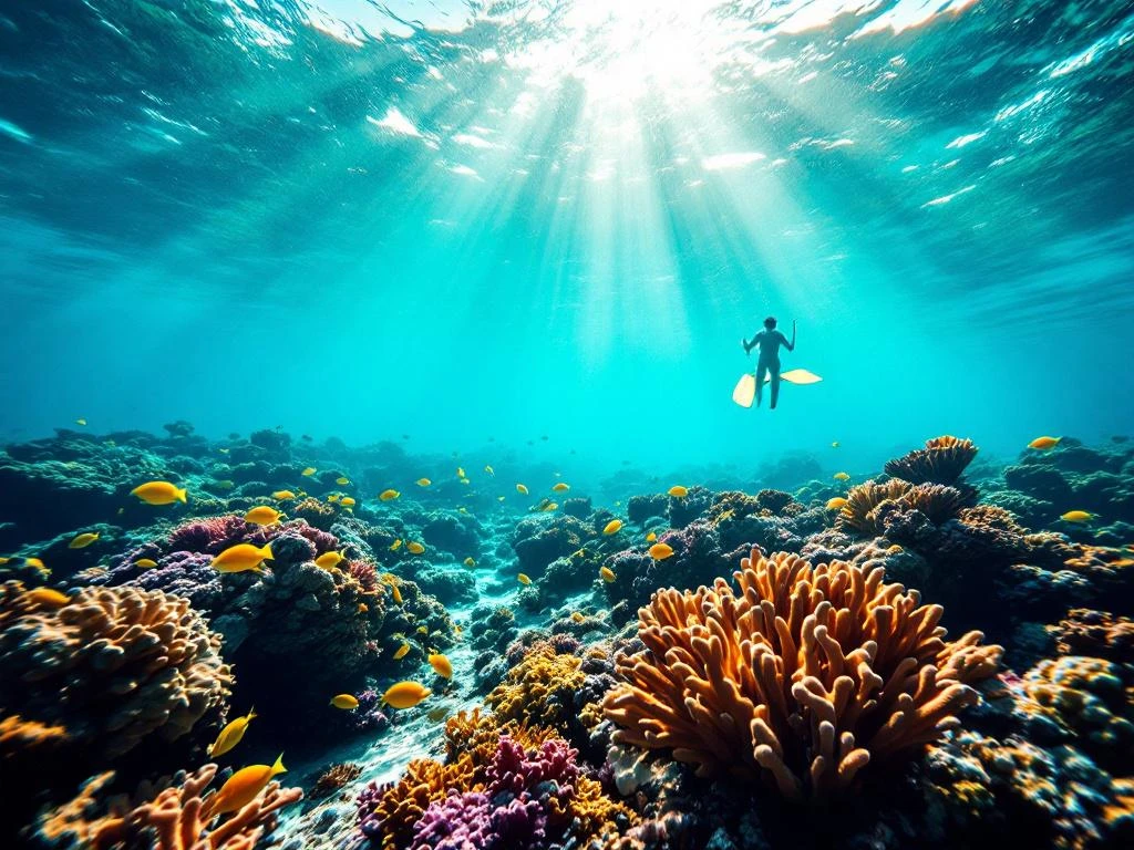 Snorkeler exploring vibrant Caribbean coral reef with tropical fish in turquoise waters off Aruba coast with sunbeams
