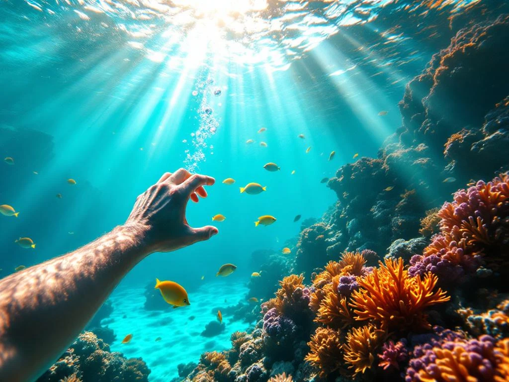 Snorkeler equalizing ear pressure underwater above colorful Aruba coral reef with tropical fish and sunbeams
