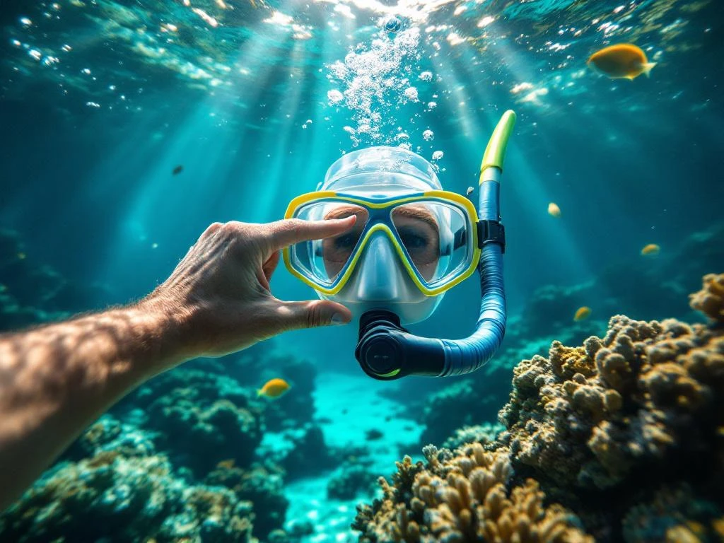 Snorkeler demonstrating nose-pinch equalization technique underwater in Aruba's turquoise Caribbean waters with coral reef