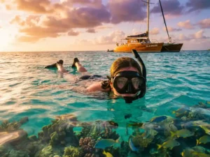 Snorkeler floating in crystal-clear turquoise Caribbean waters with vibrant coral reef below and sailing catamaran at sunset