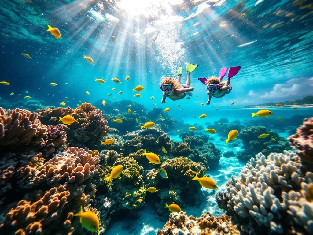 Children's colorful snorkeling gear floats above vibrant coral reef with tropical fish in crystal-clear Caribbean waters.