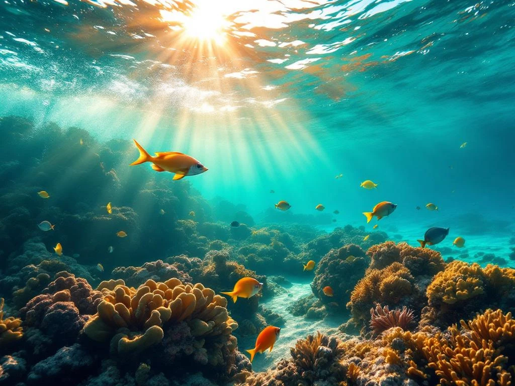 Snorkeler's view of colorful tropical fish swimming among vibrant coral reef in crystal-clear turquoise Caribbean waters off Aruba