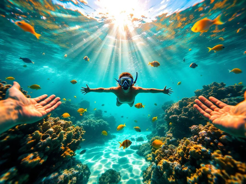 Snorkeler's view of vibrant coral reef and tropical fish in clear turquoise Caribbean waters off Aruba coast