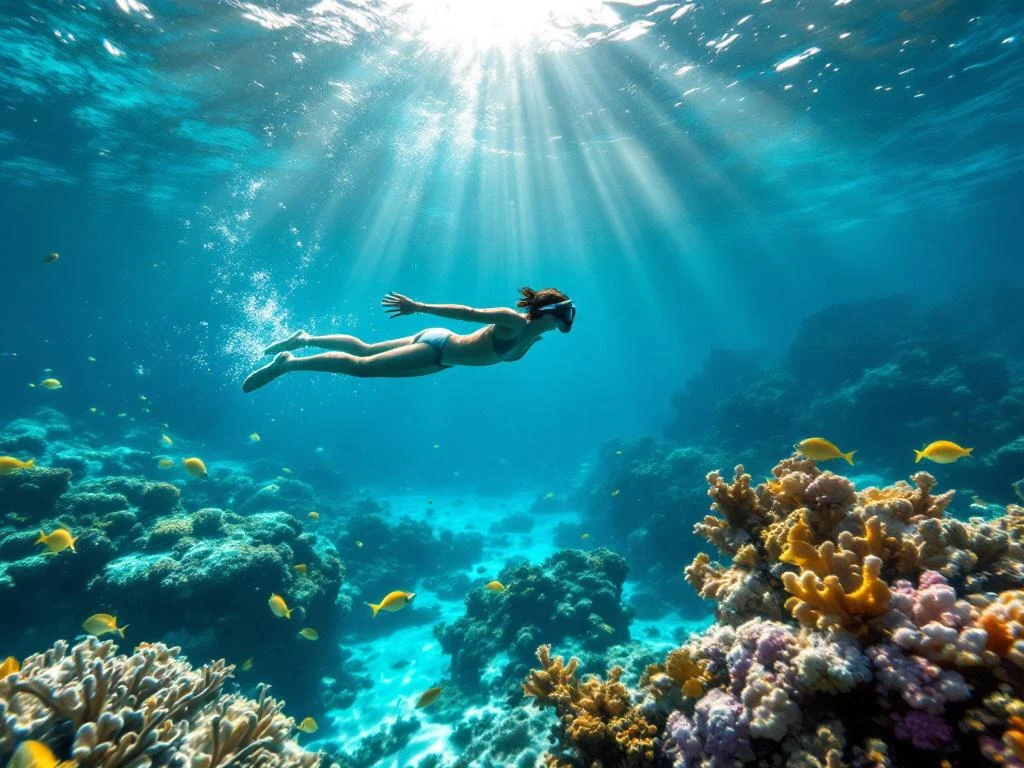 Snorkeler in horizontal position gliding above vibrant Aruba coral reef with tropical fish in crystal-clear turquoise water
