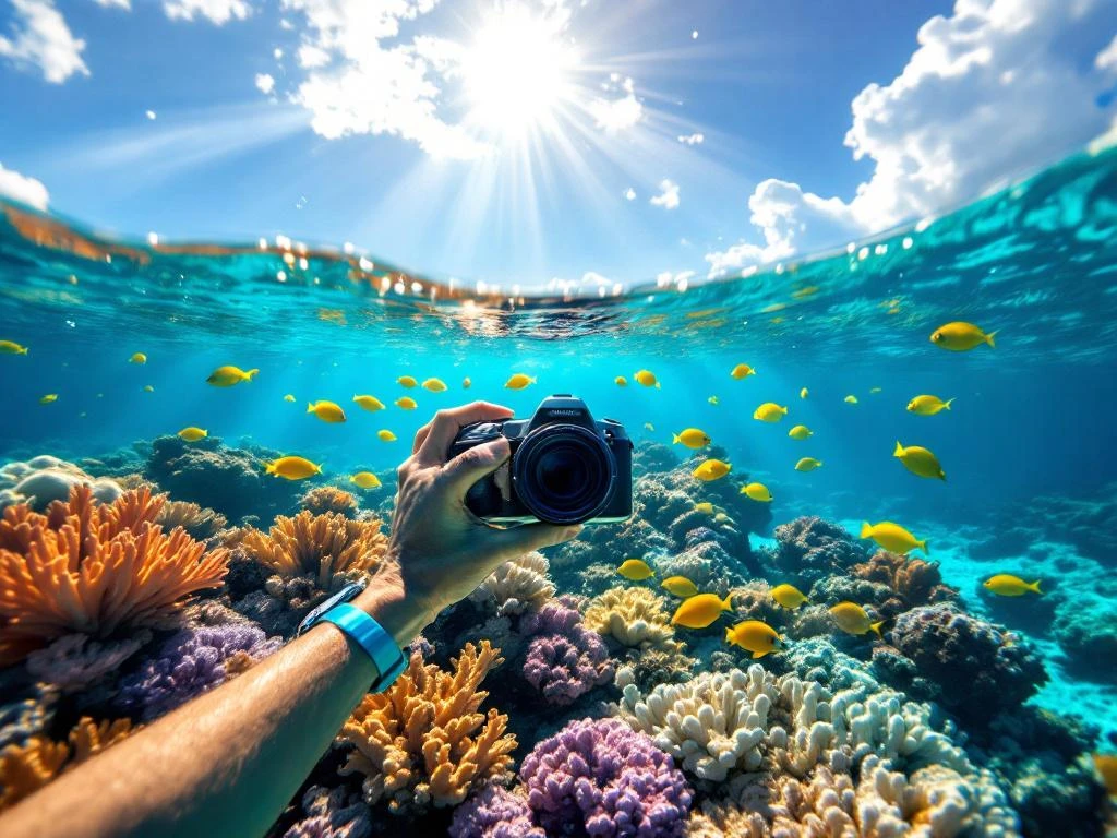 Snorkeler photographing vibrant coral reef with tropical fish in turquoise Caribbean waters with sunbeams from above