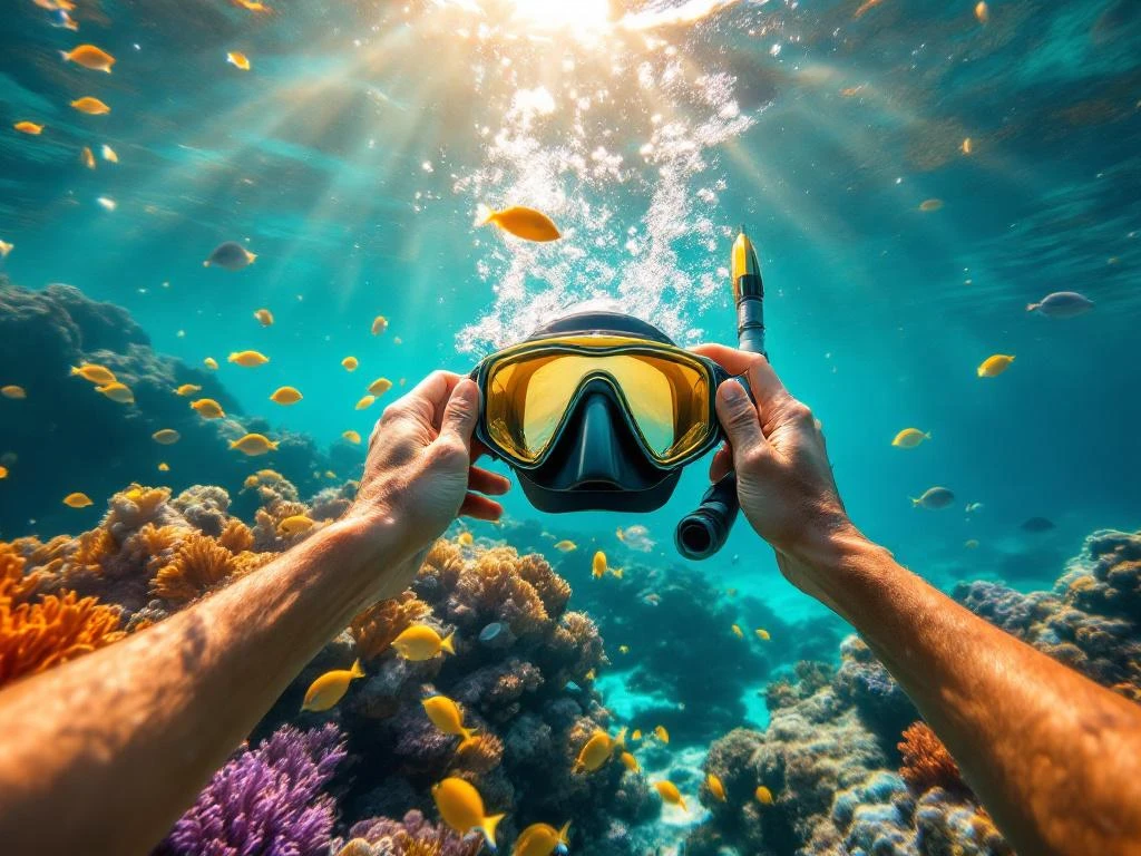 Snorkeler adjusting diving mask underwater above vibrant coral reef with tropical fish in turquoise Caribbean waters