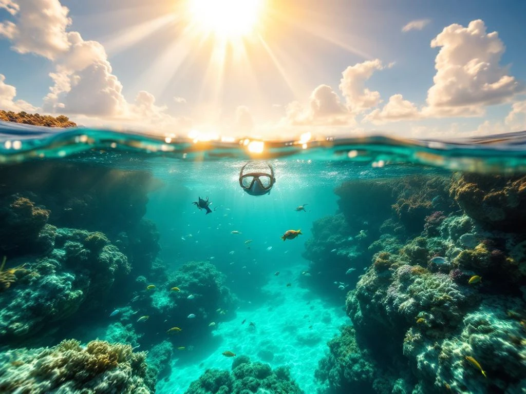 Snorkeling gear floating in clear turquoise Caribbean waters above vibrant coral reef with tropical fish and sea turtles in Aruba