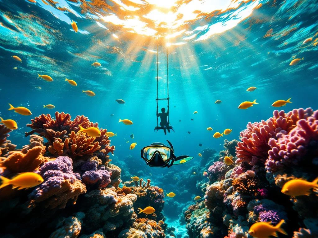 Underwater view of tropical fish, coral reef, and snorkeling gear in turquoise Caribbean waters with sunlight streaming from above