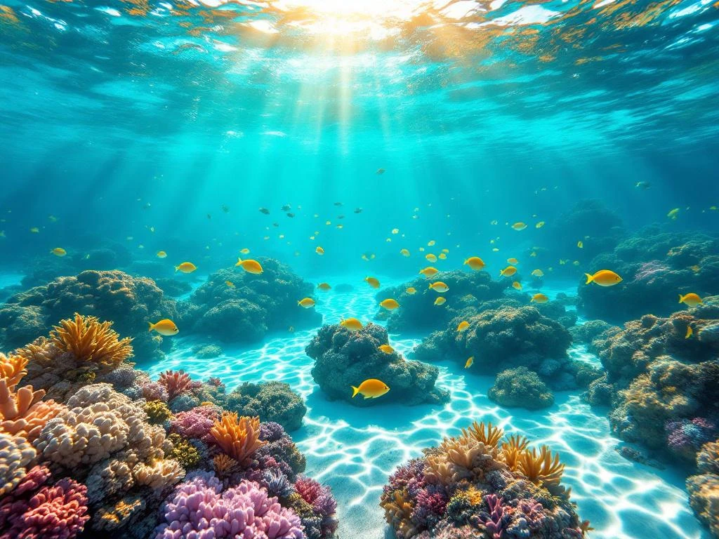 Snorkeler's view of vibrant Caribbean coral reef with tropical fish in shallow turquoise water, Aruba