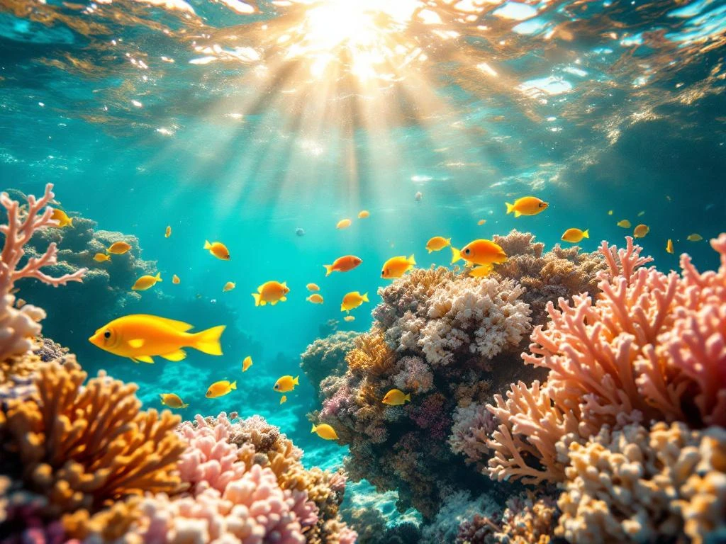 Snorkeling equipment floating in crystal-clear Caribbean waters with vibrant coral reefs and tropical fish swimming below