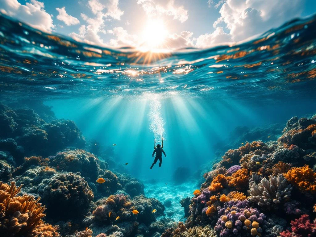Split-level underwater view of snorkeler at surface and freediver descending near vibrant Caribbean coral reef in Aruba