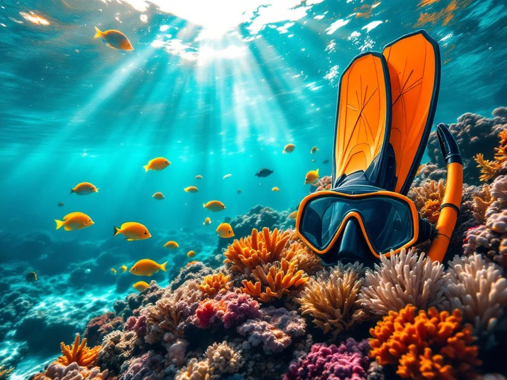 Snorkeling gear floating above colorful coral reef in turquoise Caribbean waters with tropical fish swimming below
