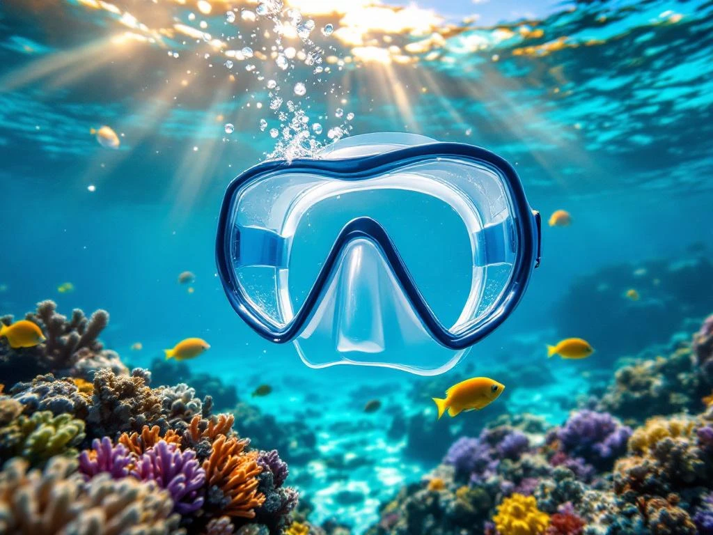 Snorkeling mask with anti-fog treatment above vibrant coral reef and tropical fish in Aruba's turquoise Caribbean waters