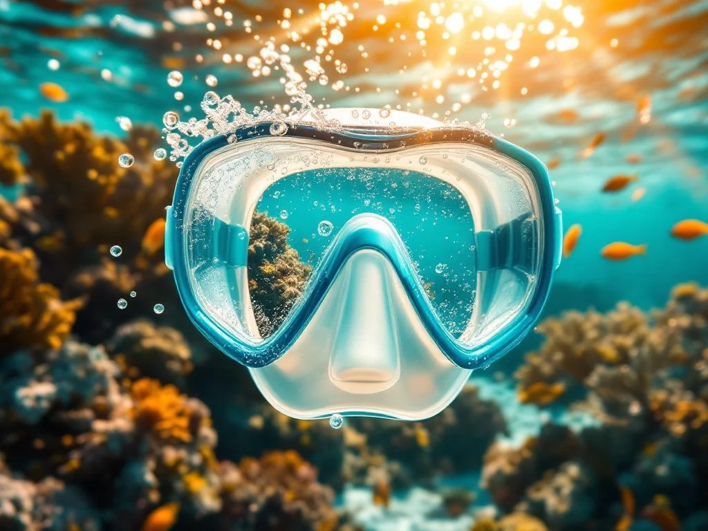 Anti-fog snorkeling mask with water droplets suspended in clear turquoise Caribbean waters with coral reef background