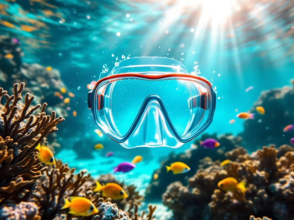 Clear snorkeler mask underwater in turquoise Caribbean waters with colorful tropical fish and coral reef in Aruba