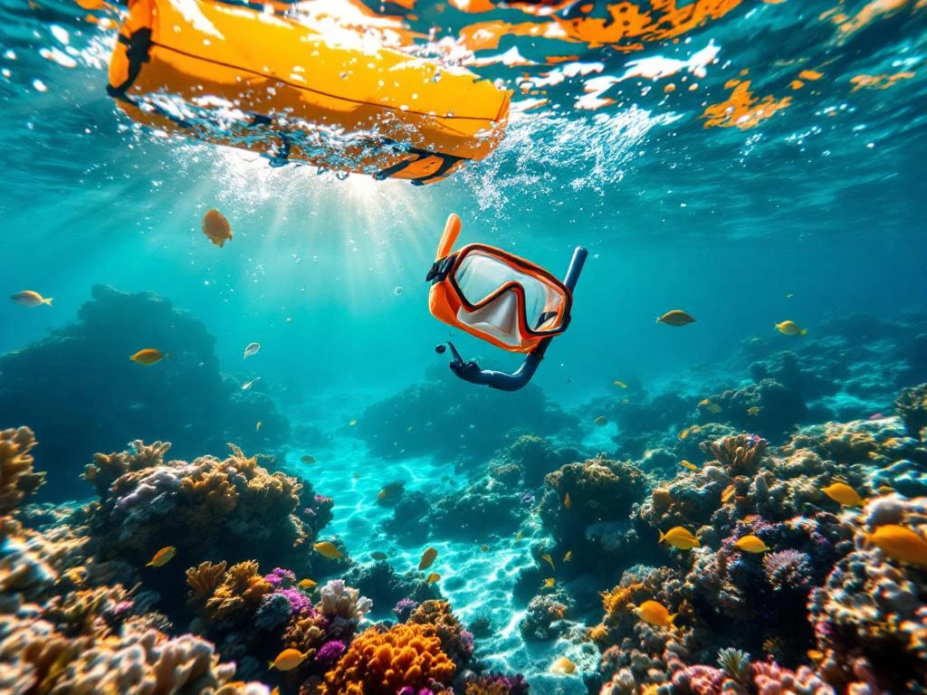 Orange life jacket floating in turquoise Caribbean waters above colorful coral reef with tropical fish and safety gear
