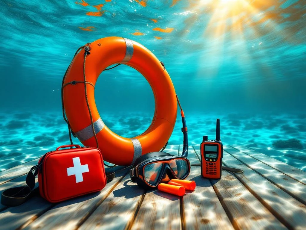 Orange life preserver and marine safety equipment on wooden deck with turquoise Caribbean water and coral reef below