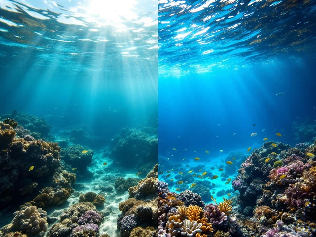 Split-screen underwater comparison: murky shallow reef with sparse coral on left, vibrant deep reef with colorful fish on right
