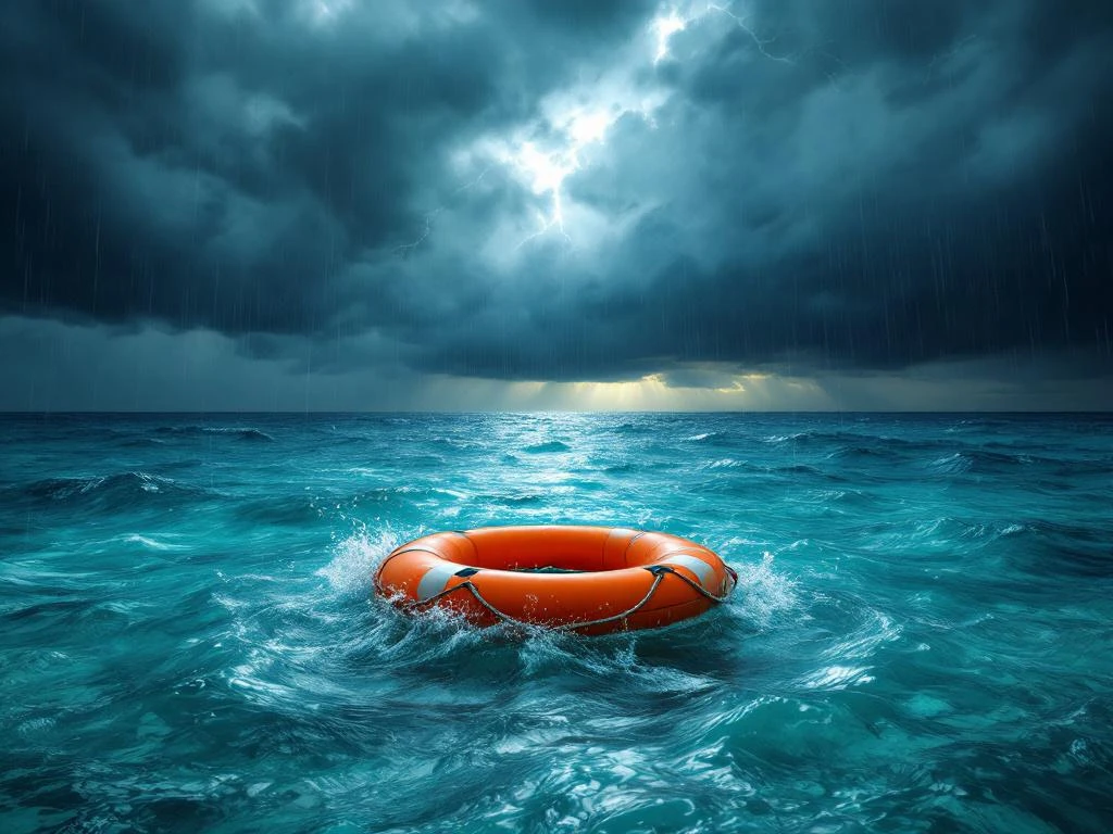 Orange life preserver floating in stormy Caribbean waters near Aruba with lightning and dark clouds overhead