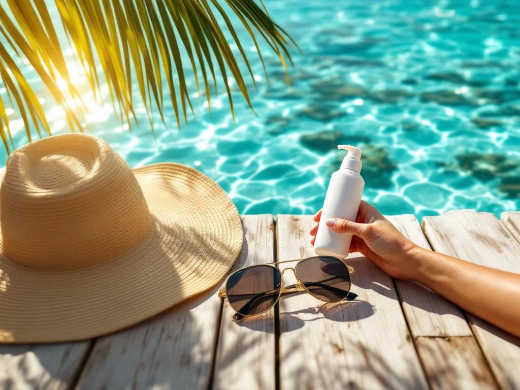 Hands applying white sunscreen lotion with turquoise Caribbean waters, palm fronds, sun hat and SPF bottle on wooden dock