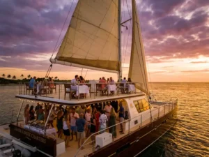 Luxury catamaran sunset cruise in Aruba with couples dining on upper deck and group celebration below, golden Caribbean sky and turquoise waters.