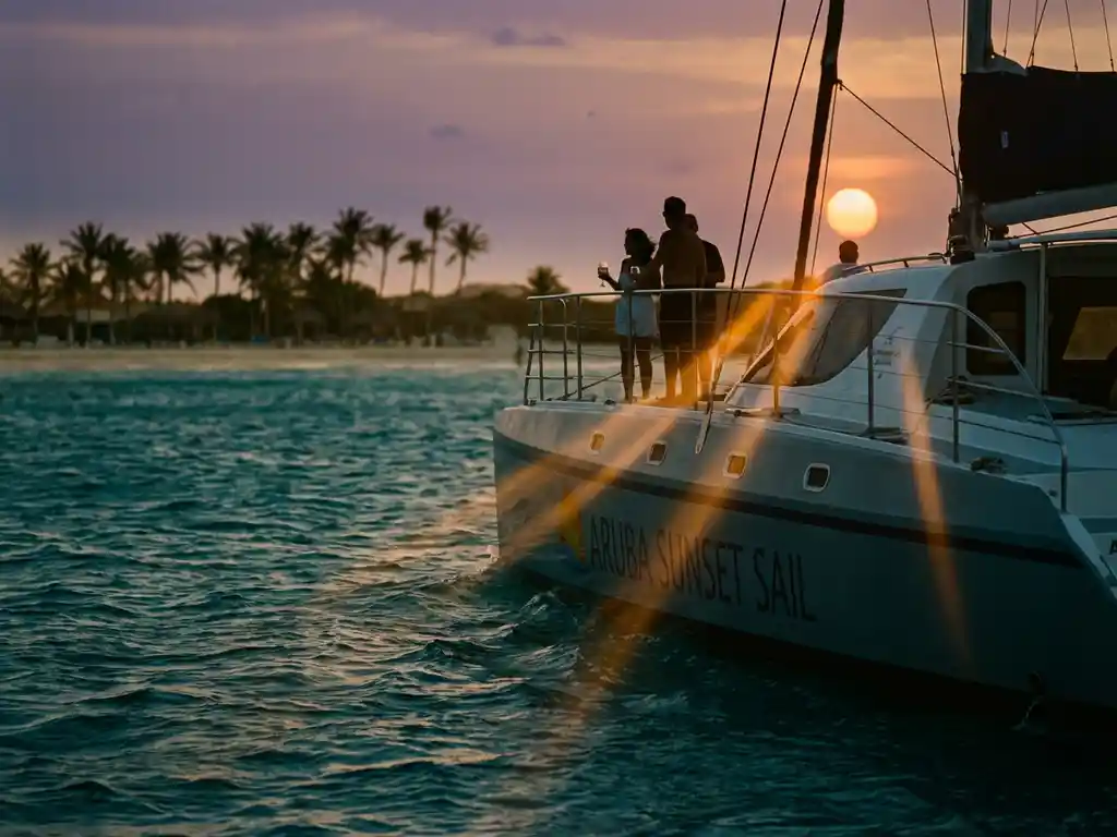 Sunset cruise catamaran with passengers enjoying cocktails on turquoise Caribbean waters off Aruba's palm-lined coast