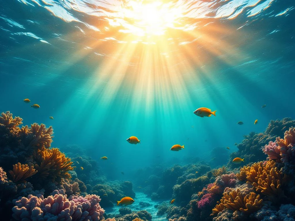 Underwater view of tropical fish swimming in turquoise Caribbean waters with coral and sunbeams in Aruba