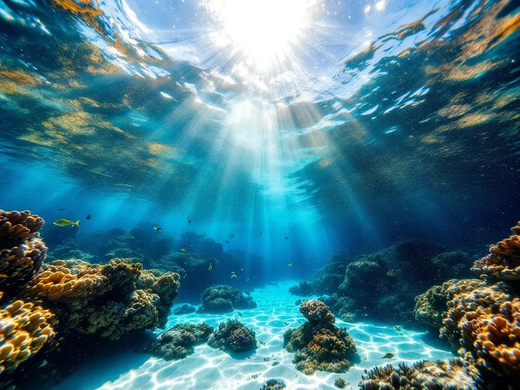 Underwater view looking up at Boca Catalina beach with sunbeams, coral, tropical fish, and crystal-clear turquoise water