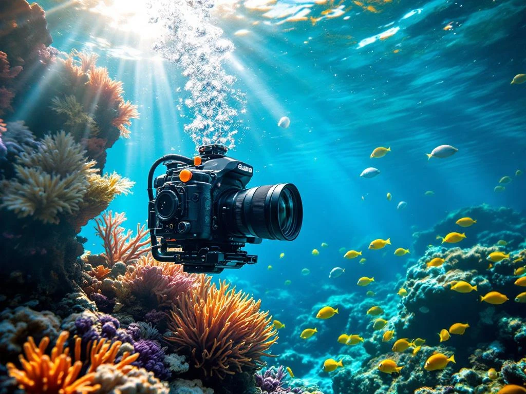 Professional underwater camera housing with strobes above vibrant Caribbean coral reef with tropical fish and sunbeams