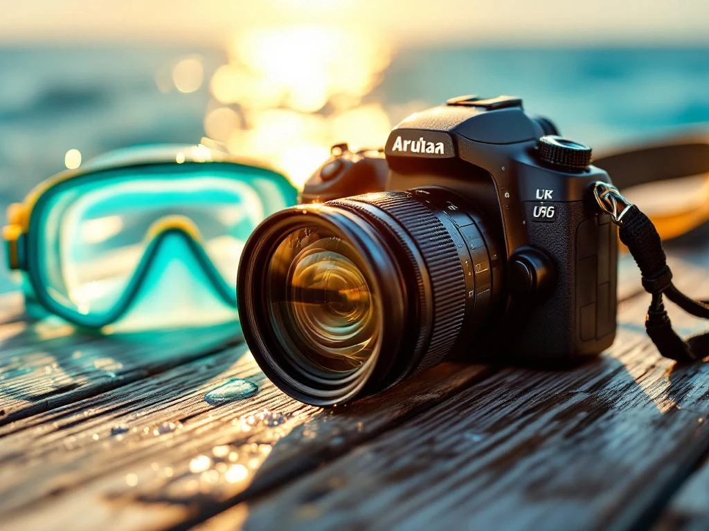 DSLR camera with water droplets on wooden boat deck beside snorkeling gear with Aruba's Caribbean waters behind