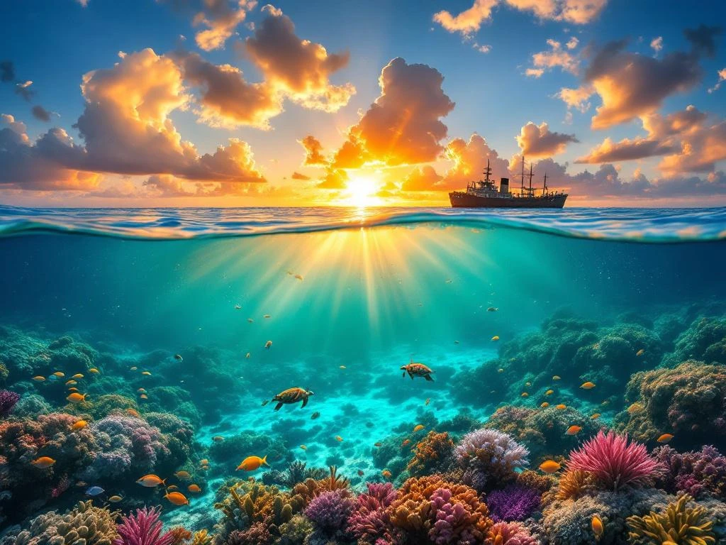 Split-view Caribbean underwater scene with coral reef, sea turtles, tropical fish below turquoise water and golden sunset sky above