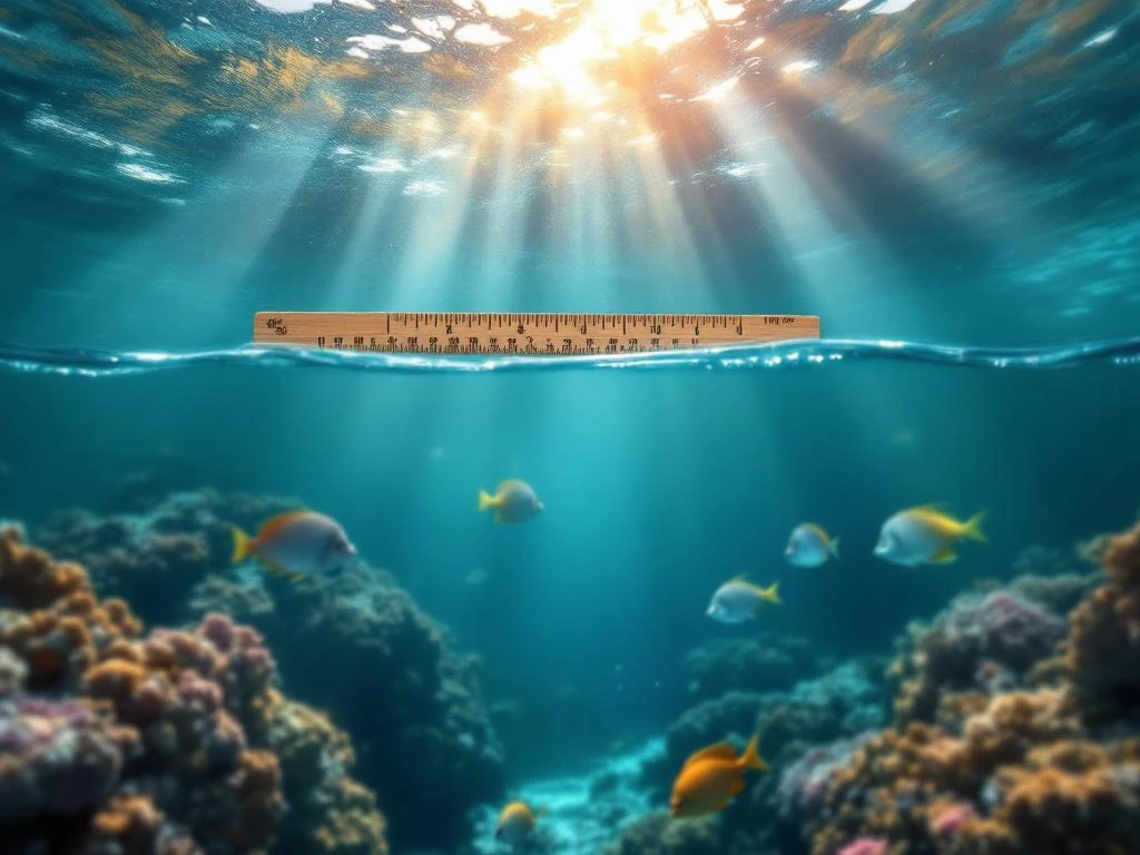 Underwater view of Caribbean waters with sunbeams, tropical fish, coral, and floating wooden ruler above surface