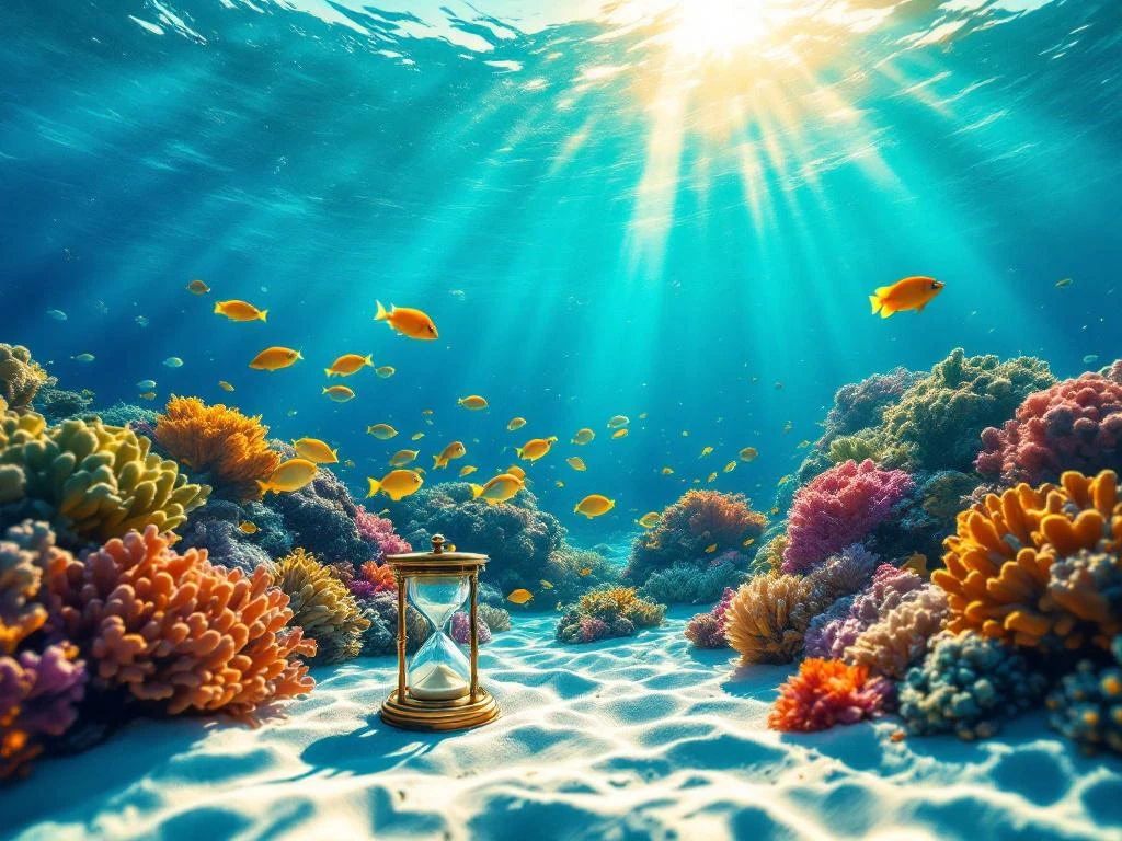 Vibrant coral reef with tropical fish in turquoise Caribbean waters, brass compass and hourglass on sandy bottom