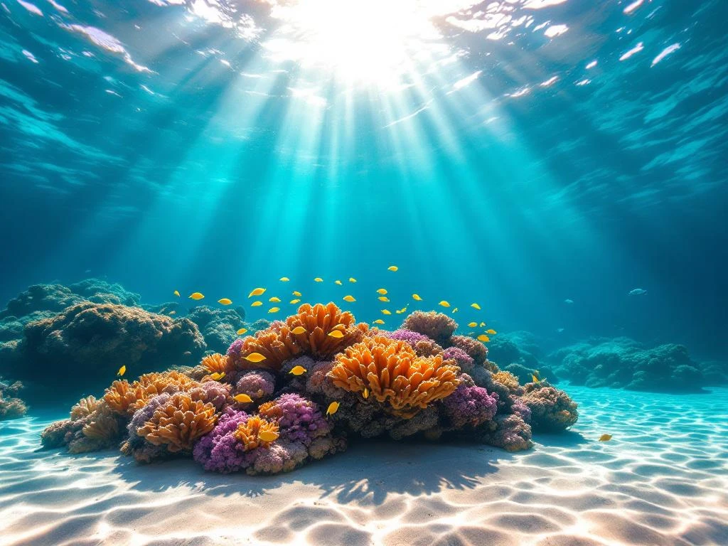 Underwater view of vibrant coral reef at Boca Catalina with tropical fish in crystal-clear turquoise Caribbean water