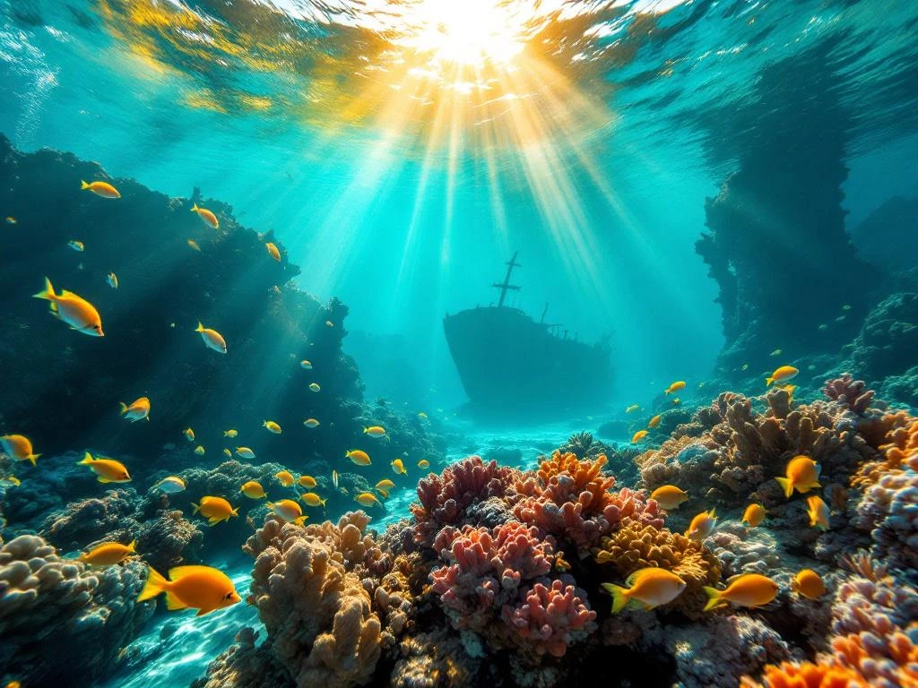 Underwater view of tropical fish swimming around coral reef with sunbeams and shipwreck in turquoise Caribbean waters off Aruba