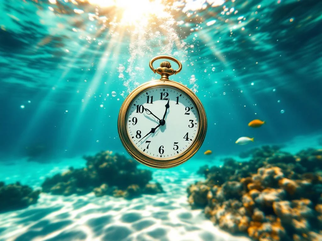 Brass pocket watch floating underwater in turquoise Caribbean waters with sunbeams, coral, and tropical fish in Aruba
