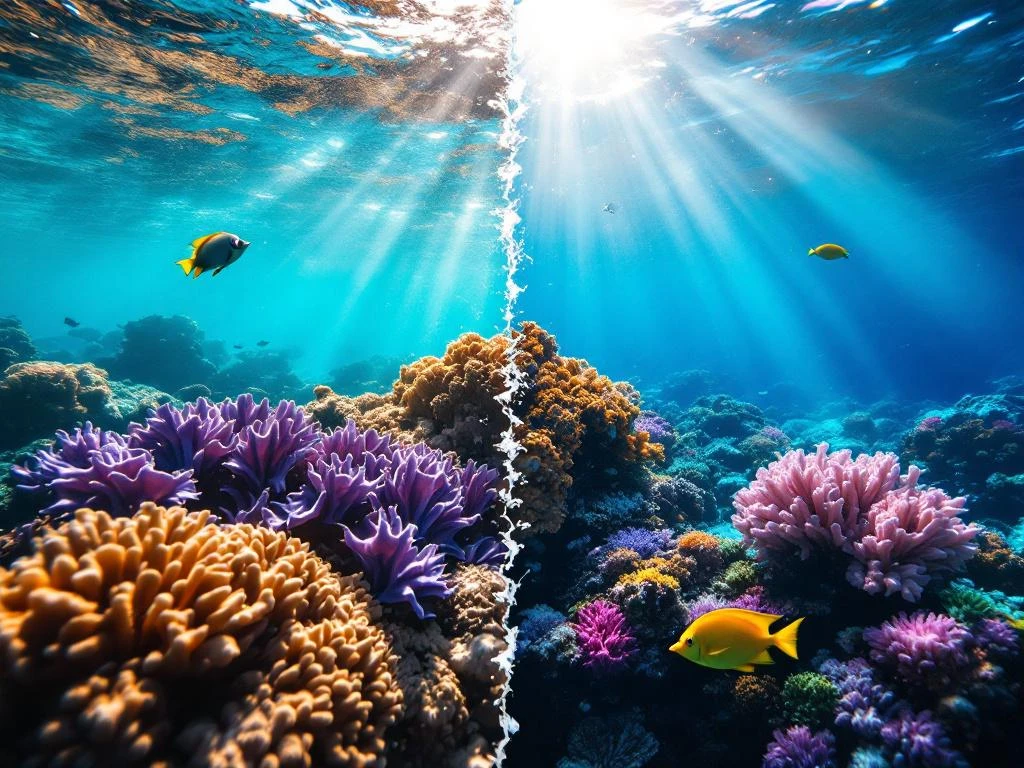 Split-screen underwater view comparing Caribbean reef with purple sea fans and parrotfish to Pacific reef with colorful corals and yellow tang