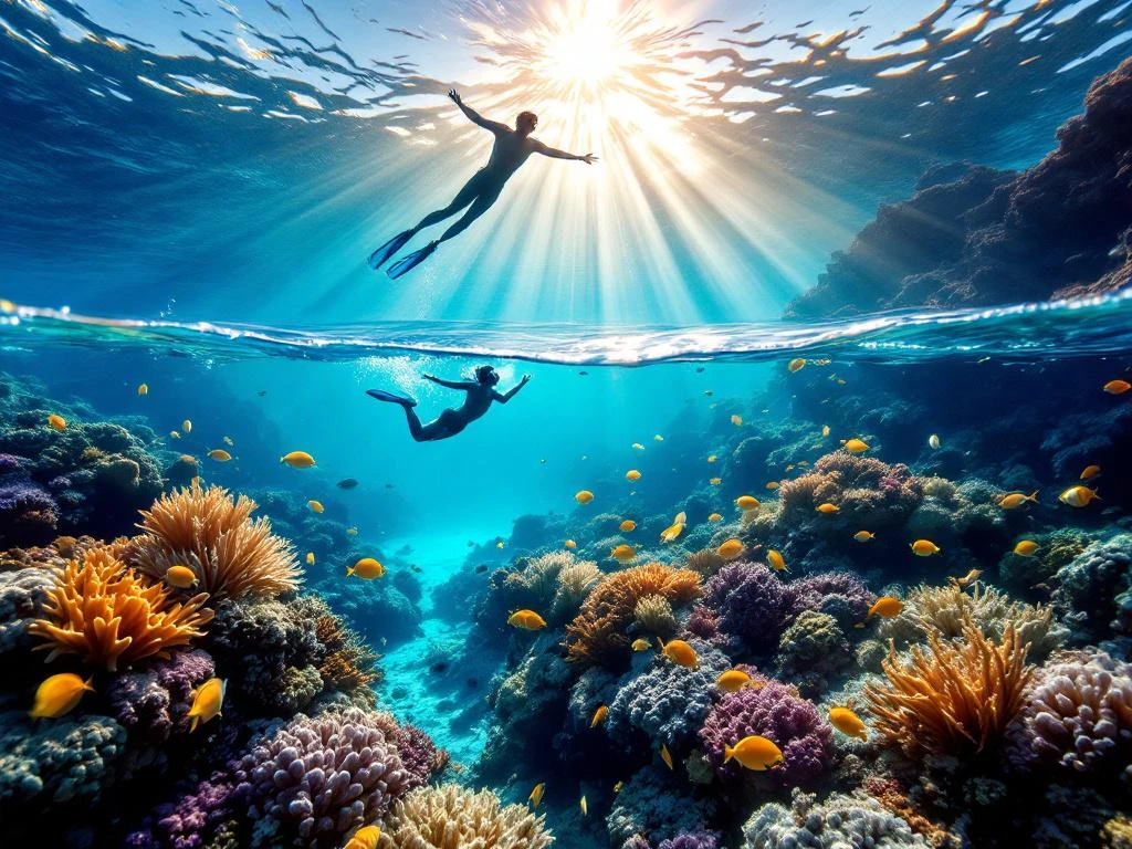 Freediver and snorkeler at Caribbean coral reef with tropical fish and sunbeams underwater split view