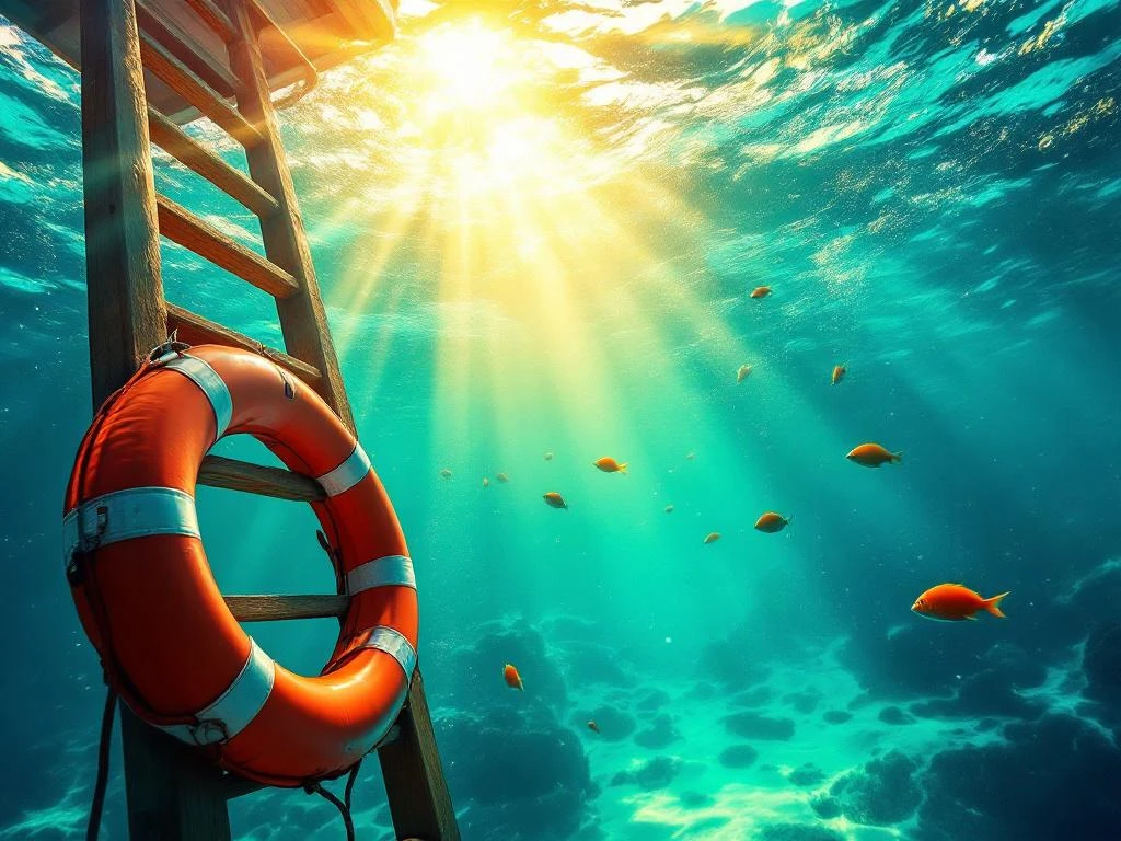 Orange life vests and white life preservers floating underwater in clear turquoise Caribbean water with sunlight rays